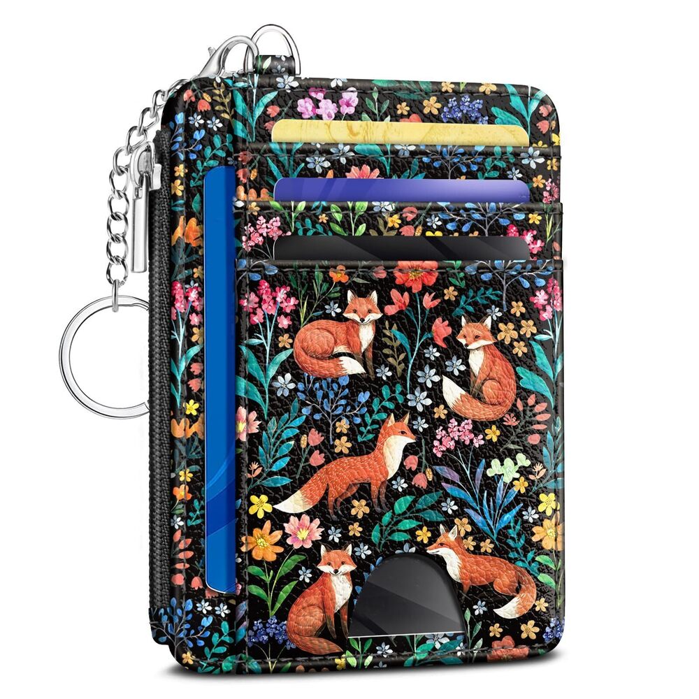4037 Cute Fox Flowers Credit Card Holder Small Wallet , Slim RFID Blocking
